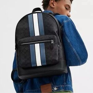 NWT Coach CV922  West Backpack In Signature Canvas With Varsity Stripe